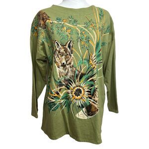 Vtg Sely's Wolf Shirt Womens L Olive Green 90's Grunge Naturecore Glitter Mystic